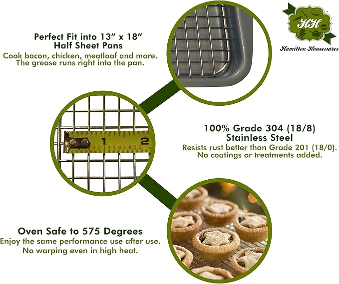 Stainless Steel Cooling Rack - Heavy Duty and Oven Safe, Good for Cooling, Baking and Roasting - Fits Half Sheet Pans - Perfect for Cookies, Cakes & More (12" x 17")