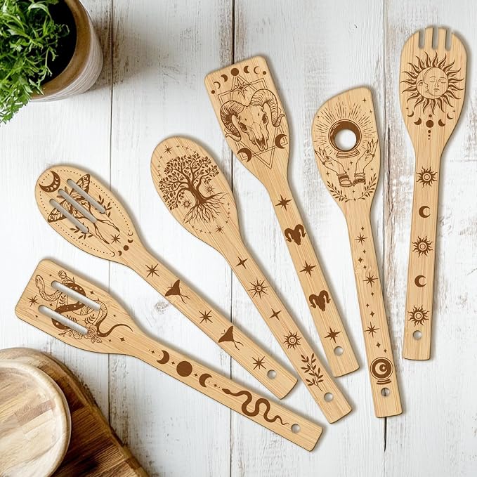 CUTHOLLOW 6PCS Magic Element Wooden Kitchen Cooking Utensil Set, 11.9in Non Toxic Bamboo Wood Spoon Set for Cooking, Best Housewarming Birthday Thanksgiving Christmas Gift for Women Mother