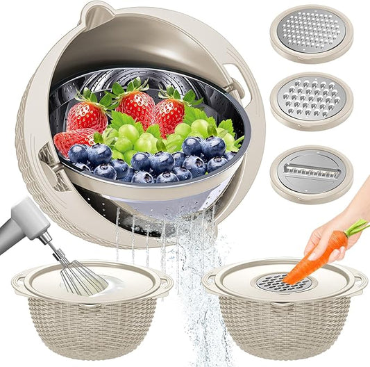 4-in-1 Colander with Bowl Set — Patented 360° Rotatable Strainer Bowl with 3 Graters, Snap-On Lid & Non-Slip Base, Funny Kitchen Present for Women, Aesthetic Pasta Fruit Vegetable Strainer (Beige)