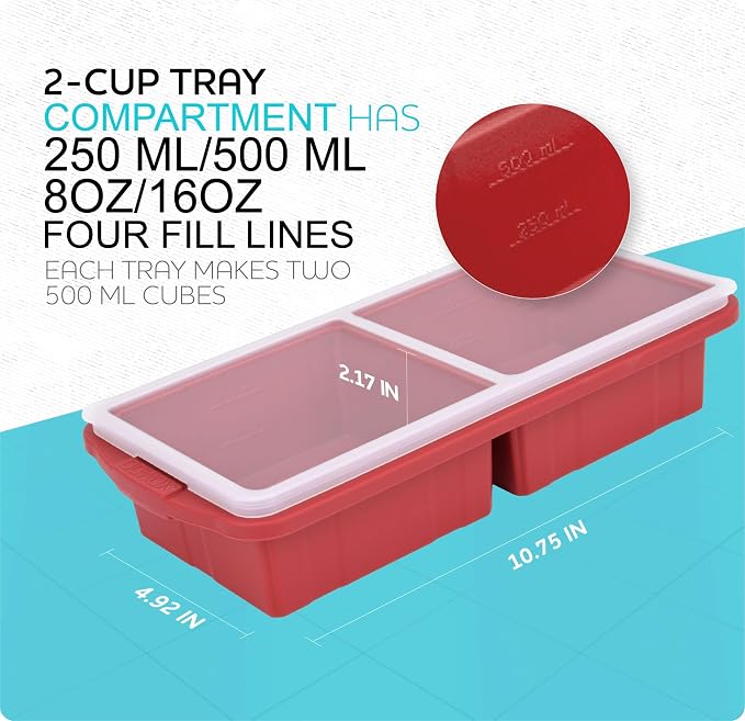 XOMOO Silicone Freezer Tray With Lid-Soup Freezer Container molds-2-cup Extra Large Ice Cube Tray-makes 4 perfect 500ml portions cubes, For freezing soup,stews,sauces.Oven&Dishwasher-Safe(2-Pack)