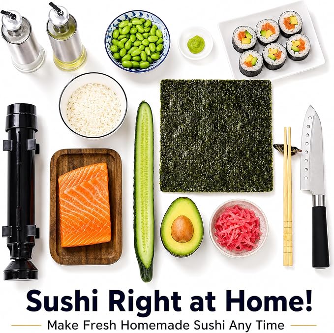 FUNGYAND Sushi Making Kit, All-in-One Bazooka Roller Set with Bamboo Mats, Avocado Slicer, Paddle, Knife, Chopstick & Holders, Cotton Bag - DIY Maki Roller Machine