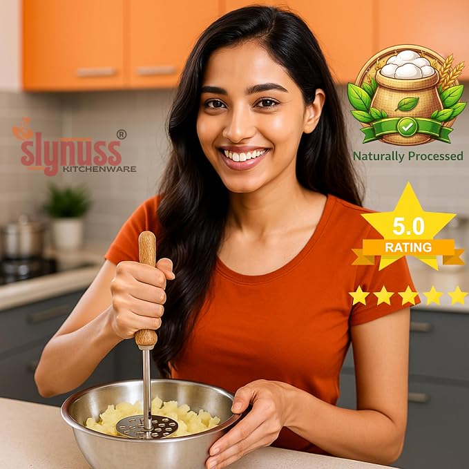 Slynuss ® | Potato Masher Stainless Steel | Pav Bhaji Smasher for Kitchen with Wooden Handle | Potato Smasher | kitchen utilities | Pack of 1| (Round-Size-3), 8.5 CM