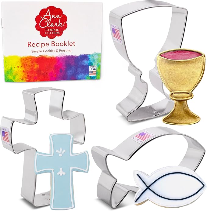Ann Clark Communion Confirmation Baptism Easter Cookie Cutters 3-Pc. Set (Communion Chalice, Jesus Fish, Holy Cross) Made in USA