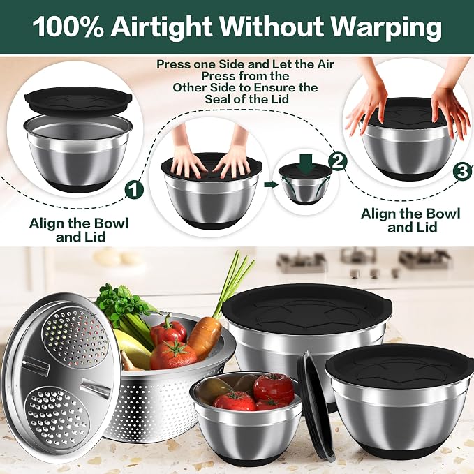 Mixing Bowls with Airtight Lids, Stainless Steel Mixing Bowl Set with 3 Nesting Kitchen Metal Bowls, Colander & Grater, Non-Slip Bottoms, Size 1.5, 2.5, 5 QT, Great for Mixing & Serving, Black