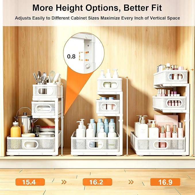 2 Pack Under Sink Organizer, 3-Tier Pull Out Kitchen Cabinet Organizer | 5 Adjustable Heights, Metal Slide Out Bathroom Storage, Makeup Drawer Rack for Bedroom Office Pantry Home Organization, White