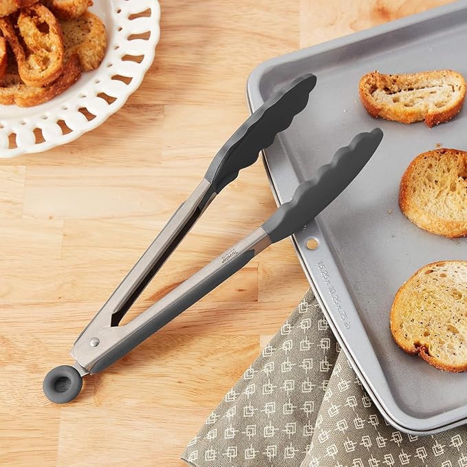 Tovolo Kitchen Tongs with Silicone Tips 9 Inch for Cooking Mixing & Serving, Easy Clean Dishwasher Safe Silicone Tipped Tongs with Locking Stainless Steel Heat Resistant, Charcoal Gray