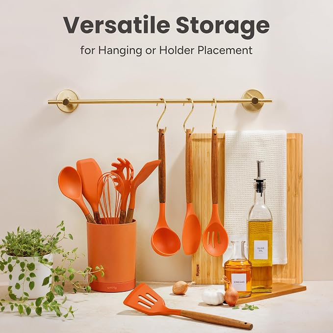 Silicone Kitchen Utensils Set & Holder: Cooking Utensils Set - Kitchen Essentials for New Home & 1st Apartment- Silicone Spatula Set, Cooking Spoons for Nonstick Cookware (Acacia Wood, Oange)
