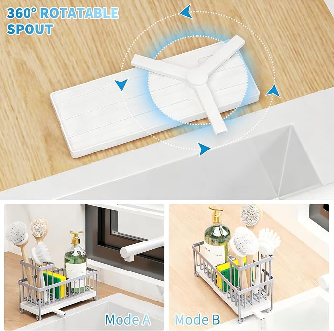 Cisily Sponge Holder for Kitchen Sink, Sink Caddy Organizer with High Brush Holder, Kitchen Countertop Organizers and Storage Essentials, Rustproof 304 Stainless Steel (Gray, 9.25″)