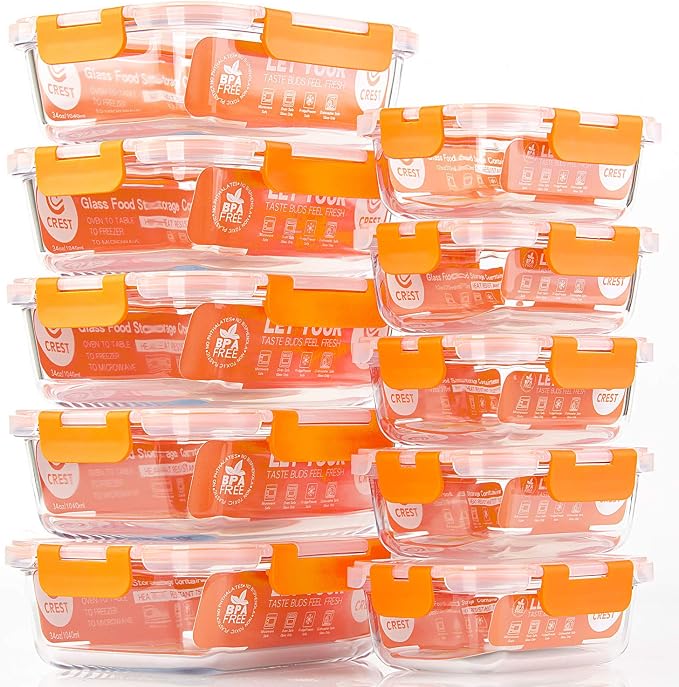 C CREST [10-Pack] Glass Food Storage Containers - Food Prep Containers with Lids - Microwave, Oven, Freezer and Dishwasher Safe