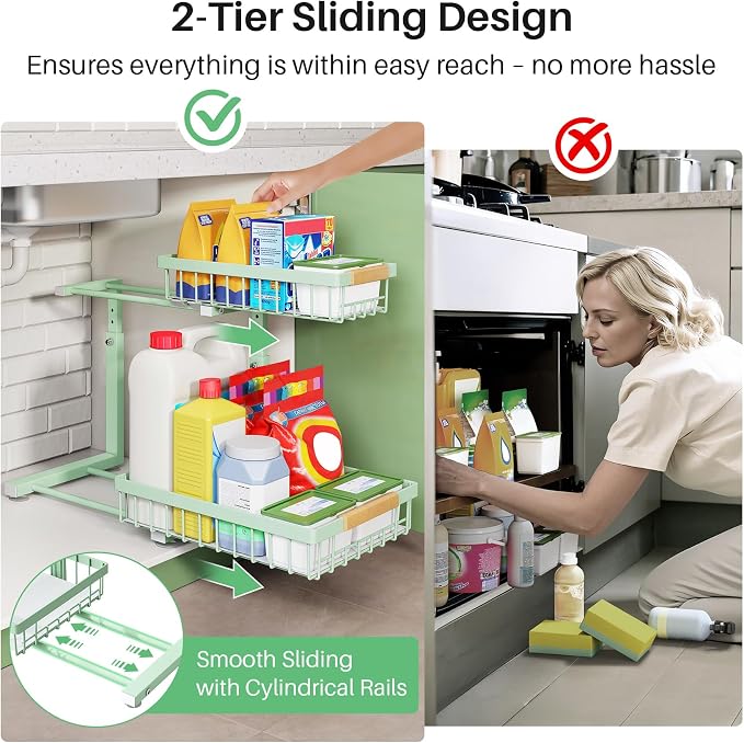 Kitstorack Under Sink Organizer, 2 Tier Under the Sink Storage, Slide out Pull out Cabinet Organizer Shelf, Metal Sliding Drawer for Kitchen Bathroom Pantry Closet Organization Rack, Green, 2 Pack
