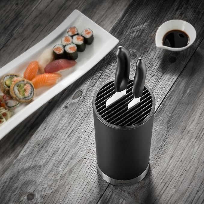 Kyocera KB-U-BK Universal Round Soft Touch Knife Block, 8.8" x 4.3", Black | KYOCERA Universal Knife Block: Compact, Round Storage for 6-8 Ceramic Knives, Removable Slotted Top, Dishwasher-Safe Design