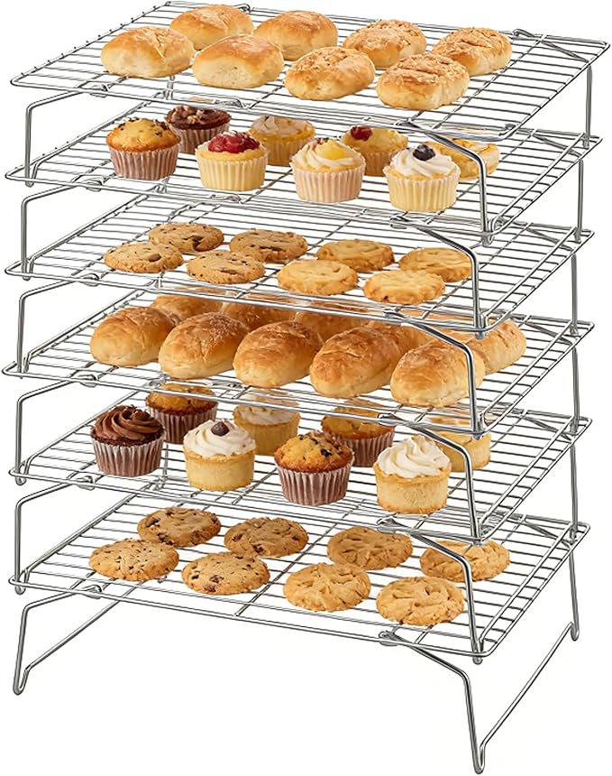 Herogo 15" x 10" Cooling Rack, 6-Tier Stainless Steel Baking Rack for Cookies, Cupcakes, and Pastries, Collapsible Space-Saving Design, Dishwasher Safe, Ideal for Baking, Roasting, and Drying
