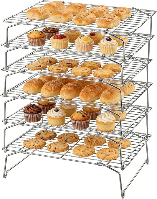 Herogo 15" x 10" Cooling Rack, 6-Tier Stainless Steel Baking Rack for Cookies, Cupcakes, and Pastries, Collapsible Space-Saving Design, Dishwasher Safe, Ideal for Baking, Roasting, and Drying