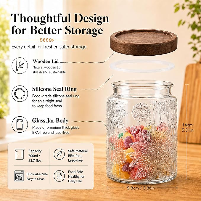 23.7 fl oz Vintage Glass Jar with Wooden Lid, Airtight Decorative Food Storage Canisters for Kitchen Counter & Pantry, Ideal for Candy, Sugar, Coffee,salt, Tea, Cereal, Flour, Oats