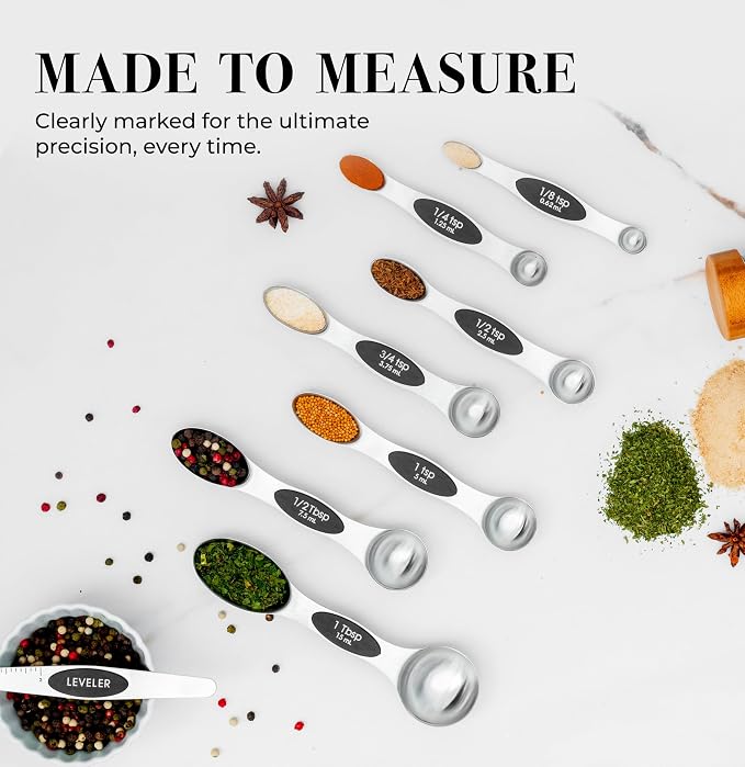 Stanless Steel Magnetic Measuring Spoons Set with Leveler - 8-Piece Heavy Duty Metal, Dual Sided, Stackable, BPA Free, Stainless Steel Measuring Spoons for Dry & Liquid Ingredient - Fits in Spice Jars