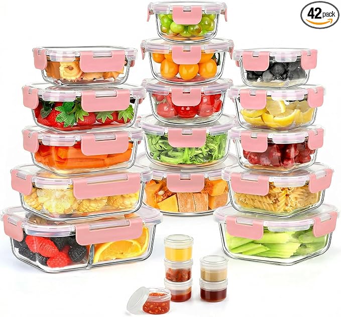 AMALEKO 42pcs Glass Food Storage Containers with Lids Set, 21 Containers & 21 Lids Glass Meal Prep Containers with Snap Locking Lid Set, Leak Proof Lunch Container BPA-Free,Pink
