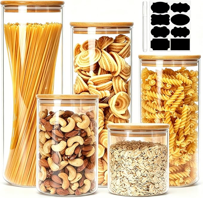 5 Pack Airtight Glass Jars with Bamboo Lids, Glass Food Storage Containers | Glass Canisters with Airtight Lids, Glass Storage Containers with Lids for Pasta, Cereal, Cookie, Coffee Beans, Nuts, Flour