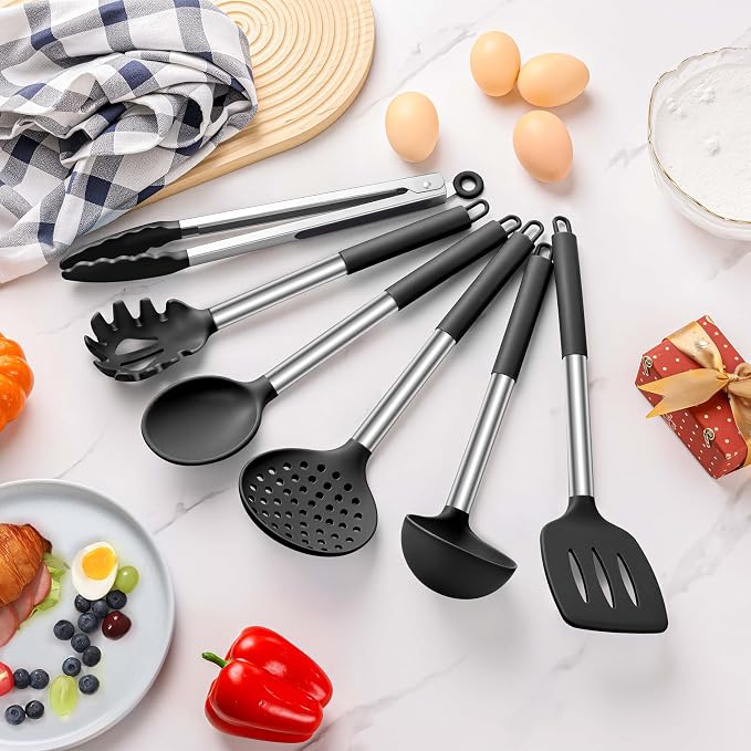 LIANYU Kitchen Utensils Set of 6, Silicone Cooking Utensils Set for Nonstick Cookware, Heat Resistant Kitchen Spatula Gadgets Tools, Stainless Steel Handle, Black