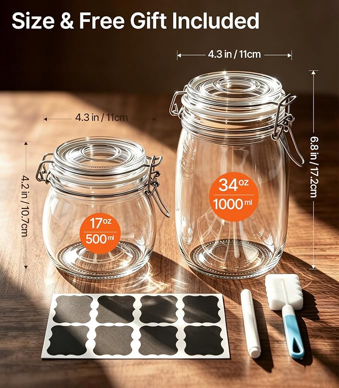 17oz Glass Storage Jars with Airtight Lids, 6 Pack - Wide Mouth | Food-Grade Glass Canisters & Pickling Jars for Pantry, Overnight Oats & Flour. Stainless Steel Clamp & 2.8mm Silicone Seal