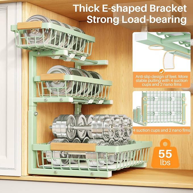 PXRACK Under Sink Organizer, 1-Pack 3-Tier Height Adjustable Thickened Metal Pull out Cabinet Organizer Shelf, Slide out Storage Drawer Rack for Bathroom Kitchen Pantry Home Organization, Green