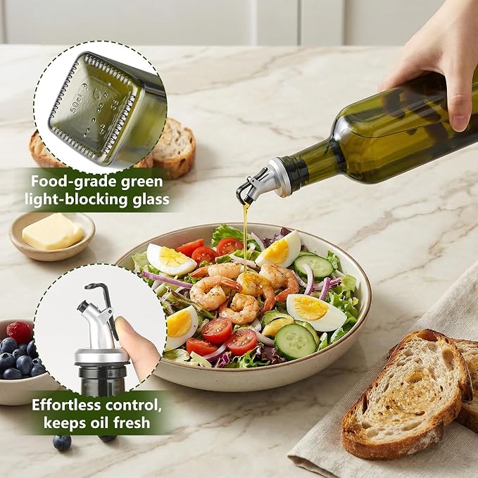 WERTIOO Green Oil Dispenser for Kitchen 4Pack, 17oz Olive Oil Dispenser Set | 500ml Oil and Vinegar Dispenser Set, Olive Oil Bottles for Kitchen, Glass Bottles for Vinegar, with Pourer, Funnel and Label
