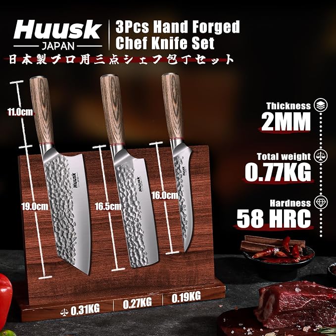 Huusk Kitchen Knife Set of 3 - Japanese Nakiri Vegetable Knife, Meat Cleaver Boning Knife for Meat Cutting, Hand Forged Butcher Chef Knives Set for Kitchen Cooking, Gift Idea for Men Women