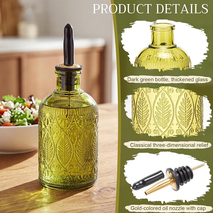 FoldTier 2 Glass Oil Bottles 8.5oz Olive Oil Dispenser Bottle with Metal Spout and Lid Elegant Glass Cooking Dispenser for Kitchen Maple Honey Syrup Vinegar and Sauces (Dark Green)