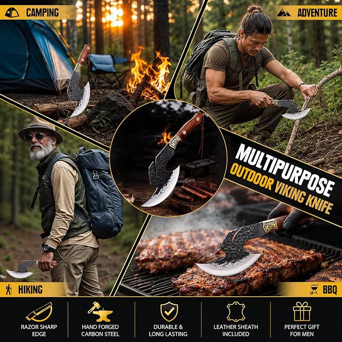 Topfeel Hand Forged Viking Knife 6.2" Meat Cleaver with Sheath, Chinese Kitchen Axe Boning Knife for Meat Cutting, High Carbon Steel Butcher Knife Home Outdoor BBQ Camping Birthday Gifts for Men Dad