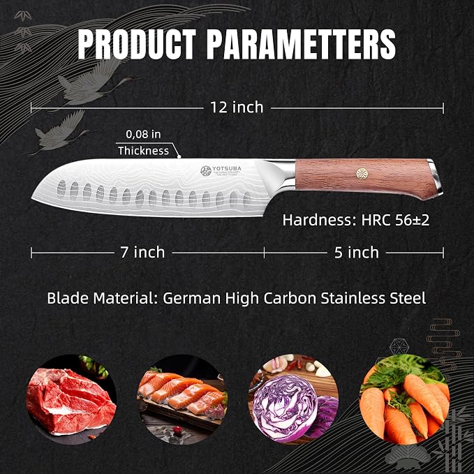 YOTSUBA 7" Santoku Japanese Chef Knife – Forged High Carbon Stainless Steel (HRC 56±2) – Precision Edge & Long-Lasting – Ergonomic Rosewood Kitchen Knife Handle – Gift for Home Cooks and Pro Chefs