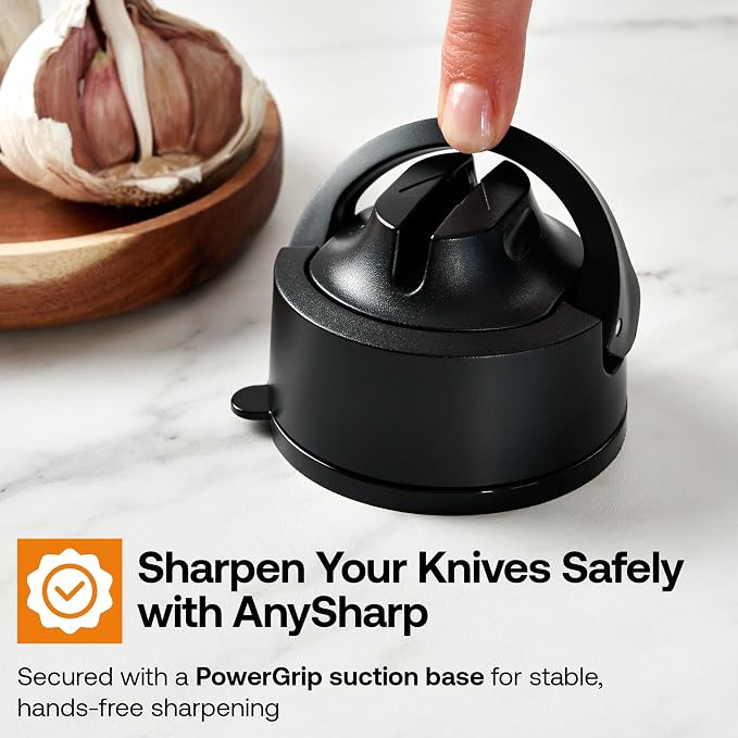 AnySharp – EVO – Hands Free Knife Sharpener - Easy to Use Sharpening Tool with Improved PowerGrip Suction Base and 20-Deg Pre-Set Angle - for All Knives: Chef's, Serrated, and Hardened Steel - Black