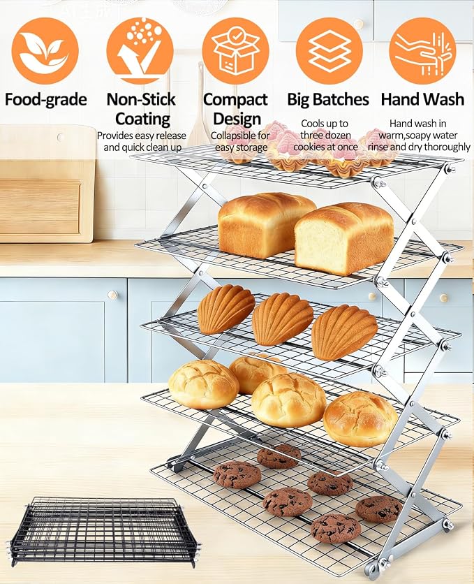 5 Tier Collapsible Cooling Rack, 2/3/4/5-Tier Upgraded,Adjustable ＆ Stackable Baking Rack, 5 Modes Cooling Racks for Cooking and Baking, Roasting ＆ Grilling Gifts for Picnic Party