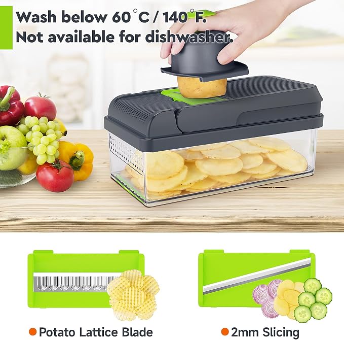 MealHelper 15-in-1 Vegetable Chopper, 10 Blade Veggie Chopper, Practical Food Chopper with Container, Cheese Grater, Home Essentials & Kitchen Gadgets(Green)
