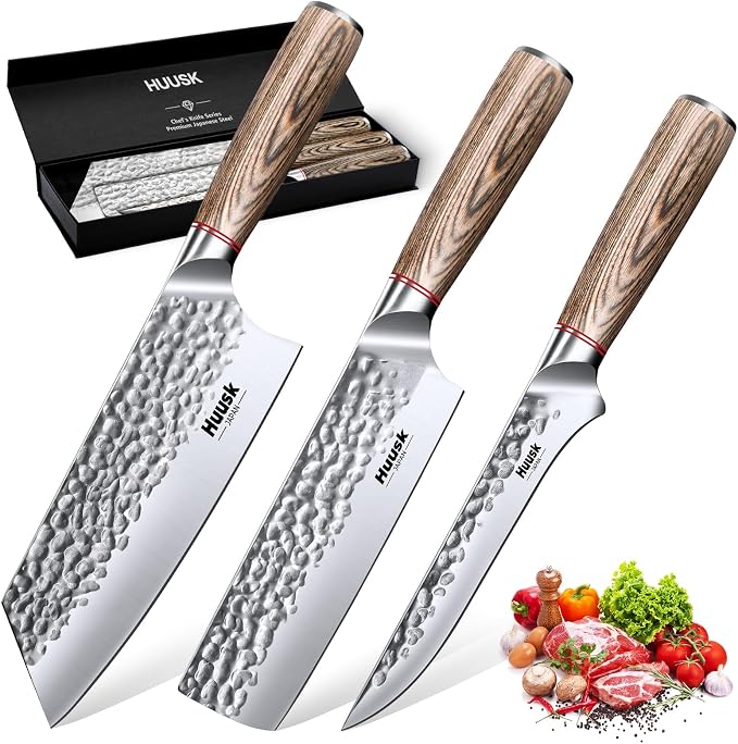 Huusk Kitchen Knife Set of 3 - Japanese Nakiri Vegetable Knife, Meat Cleaver Boning Knife for Meat Cutting, Hand Forged Butcher Chef Knives Set for Kitchen Cooking, Gift Idea for Men Women