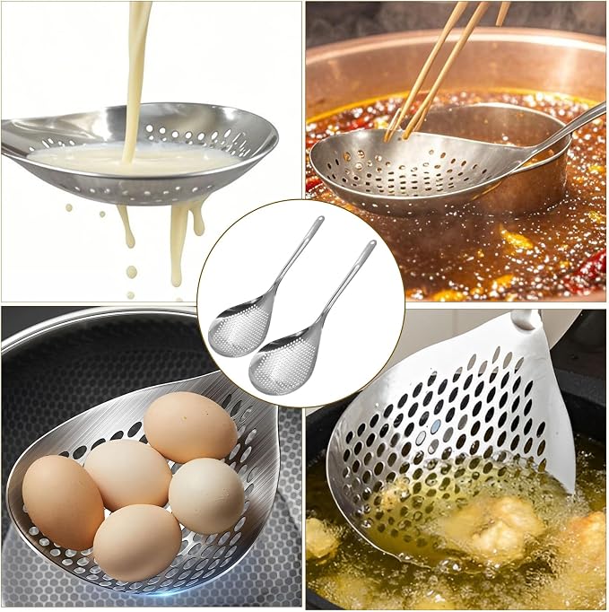 Jiozermi 2 Pcs Stainless Steel Skimmer Slotted Spoon, Pasta Spider Strainer Ladle, Durable 304 Stainless Steel Frying Strainer Spoon for Frying, Cooking, Noodles, Pasta, and Vegetables