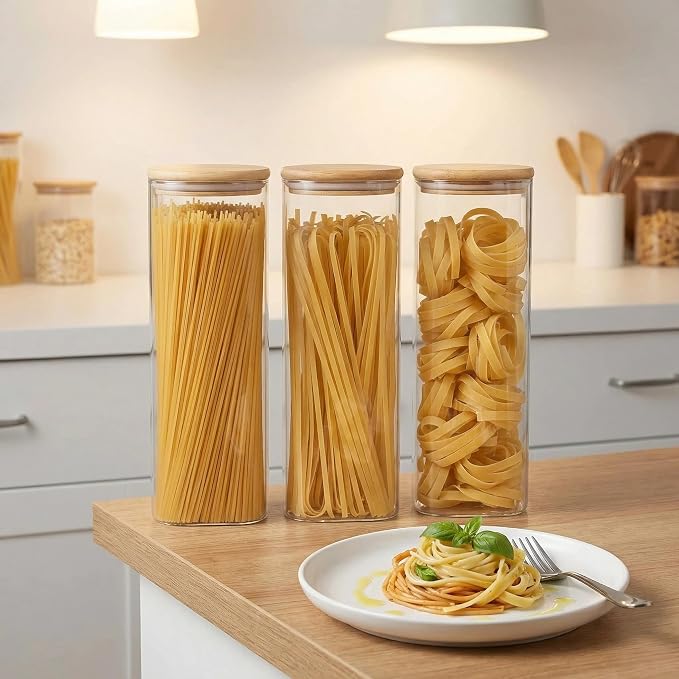 Airtight Glass Storage Containers with Lids Set, 9 Pack Pantry and Pasta Storage Containers 25/37/51/78oz, Square Kitchen Canister Set for Flour Sugar Rice, Cereal Beans Oats Spaghetti Pasta