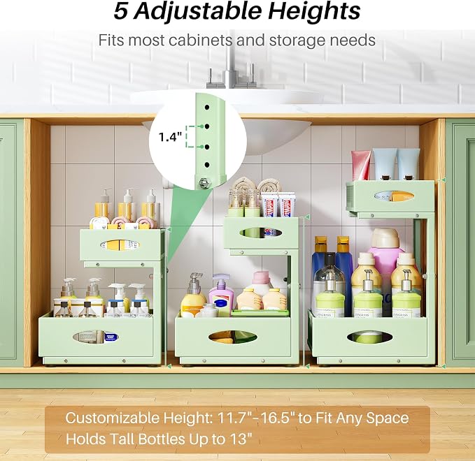 Under Sink Organizer, 1-Pack Pull Out Cabinet Organizer 2 Tier Metal Slide Out Storage Shelf Rack, L-Shaped Adjustable Height,Mesh Sliding Drawer for Kitchen, Bathroom, Laundry, Pantry, Green, XL