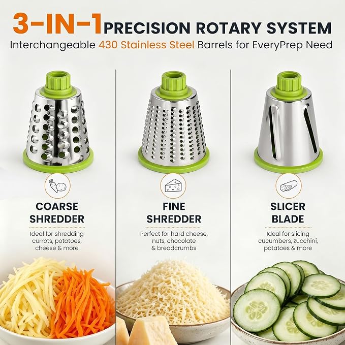 HANSGO Rotary Cheese Grater, 3 Stainless Steel Blades, Labor-Saving Handle, Strong Suction Base, for Cheese, Vegetables, Nuts, Chocolate & Fruits, Ideal for Family Meals, Salads, Pasta & Easy Cleanup