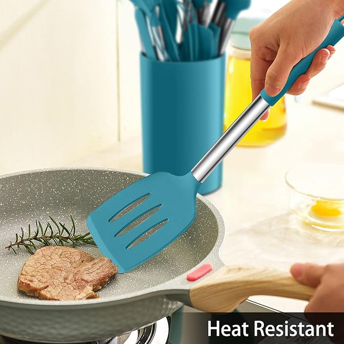 LIANYU 15-Piece Kitchen Cooking Utensils Set with Holder, Silicone Kitchen Tools Stainless Steel Handle, Slotted Spatula Spoon Turner Tong Whisk Brush for Cooking, Dark Blue