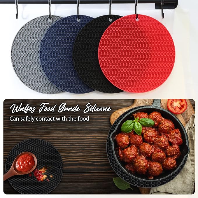 4 Pack Silicone Trivet for Hot Dishes | Heat Resistant Silicone Pot Holders for Kitchen Countertops, Hot Dishes, Jar Opener, Spoon Holder, Easy to Wash, Black