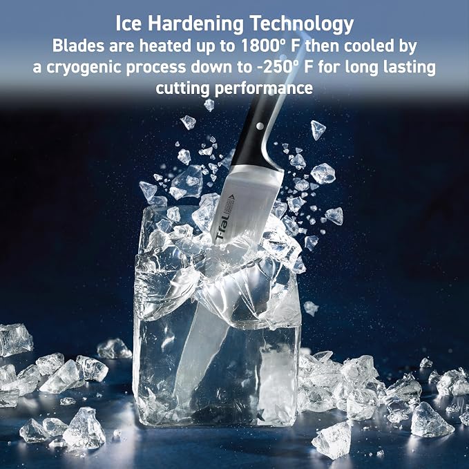 T-Fal Ice Force German Stainless Steel Steak Knife Set 4 Piece, Long Lasting Sharpness, High Cutting Precision, Superior Durability, Ultra Sharp Blades, Cookware Kitchen Knife, Cook Tool, BBQ, Black‌