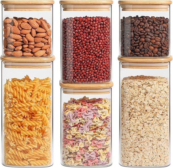 ComSaf Glass Pantry Storage Containers (0.7Qt/1.2Qt/1.6Qt) Set of 6, Square | Glass Storage Containers with Lids, Kitchen Canisters, Pantry Jar, Bamboo Lid with Silicone Seal, Flour Cereal Tea, BPA Free