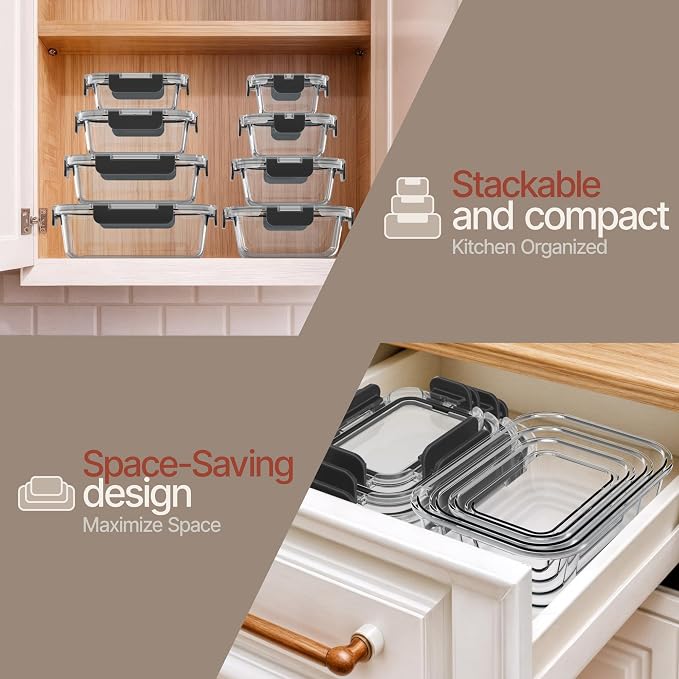 Bakken Borosilicate Glass Food Storage Containers with Lids 24 Pieces, BPA-Free Stackable Lunch & Leftover Containers, Microwave, Freezer & Dishwasher Safe, 100% Airtight Leak-Proof, Black
