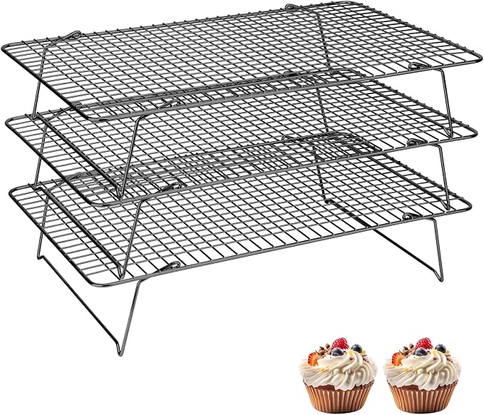 Pleafind 3 Pieces Stackable Cooling Rack - 16 x 10 Inch Wire Rack, 0.43" Dense-Grid Cooling Racks for Cooking, Baking, Roasting, Grilling, Oven and Dishwasher Safe, Black