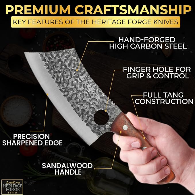 SliceElite Hand-Forged Professional Butcher Knife (3 PC BUTCHER KNIFE SET W/SANDLEWOOD HANDLES)