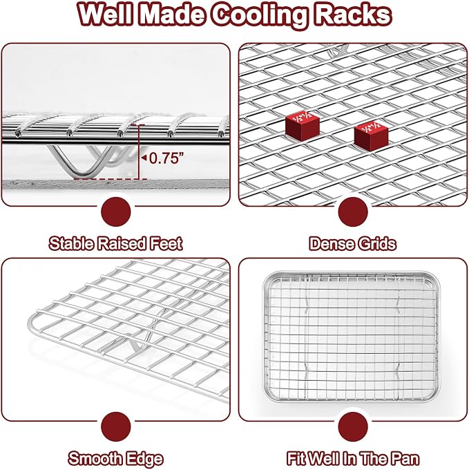 TeamFar Baking Sheet with Rack, Stainless Steel Sheet Pan-17.6/16/12.5 Inch | Cookie Sheets Baking Trays and Cooling Racks for Cooking, Non-Toxic & Heavy Duty, Dishwasher Safe, 6 PCS (3 Pans + 3 Racks)