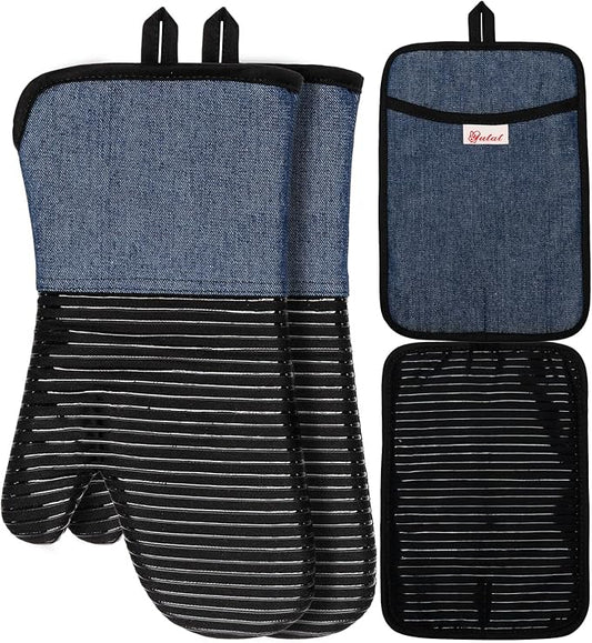 Yutat Oven Mitts, Pot Holders Set of 4 Made with Pure Cotton and Food Grade Non-Slip Silicone - 500 F Heat Resistant Oven Mitts and Pot Holders Sets for Kitchen Cooking (4pcs Set, Black and Denim)