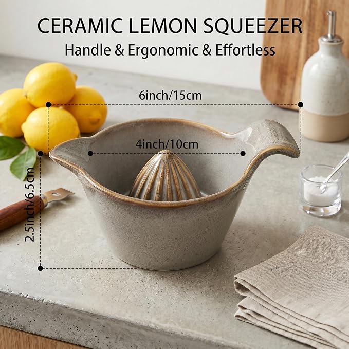 4 inch Ceramic Lemon Squeezer - Manual Citrus Juicer with Handle and Easy Pour Spout for Lemon, Orange, Lime&Grapefruit -Easy to Clean Hand Press Juicer,Microwave & Dishwasher Safe,Lead-Free (Gray)