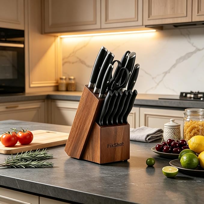 Fikshot Knife Set, German Stainless Steel, Black, 14-Piece kitchen knives | Full Tang Handle, Ultra-Sharp, Knife Block & Sharpener Included, Rust-Resistant, Dishwasher-Safe, , Gift for Chefs