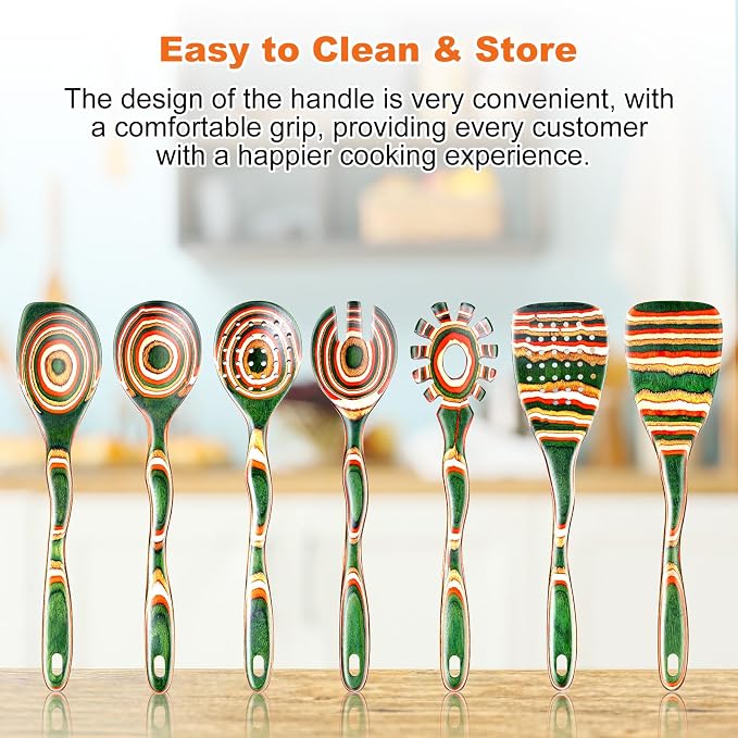 7Pcs Pakkawood Kitchen Utensils Set for Cooking, Wooden Spoons for Cooking, Safe Eco-Friendly, Non-Stick, Wooden Utensil for Cooking,Wooden Cookware Set, Housewarming Kitchen Gifts, Green