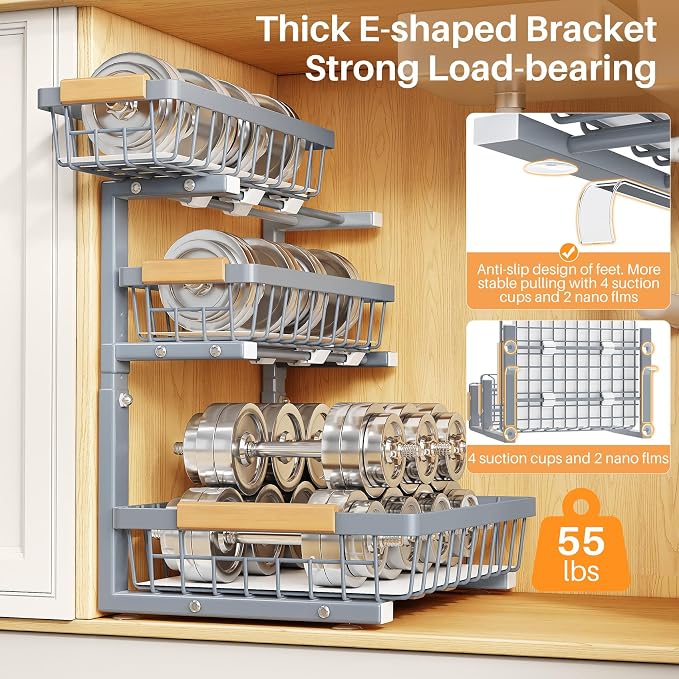 PXRACK Under Sink Organizer, 2-Pack 3-Tier Height Adjustable Thickened Metal Pull out Cabinet Organizer Shelf, Slide out Storage Drawer Rack for Bathroom Kitchen Pantry Home Organization, Grey